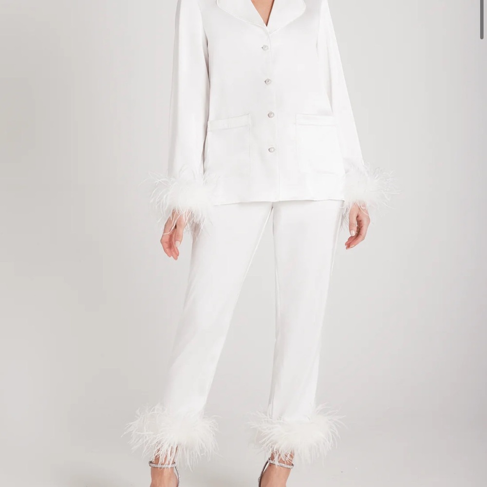 Nadine Merabi Darcie white pajamas feather trim